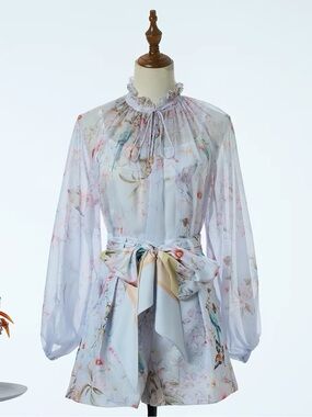 Designer-style Floral Tie-Neck Blouse in Light Blue